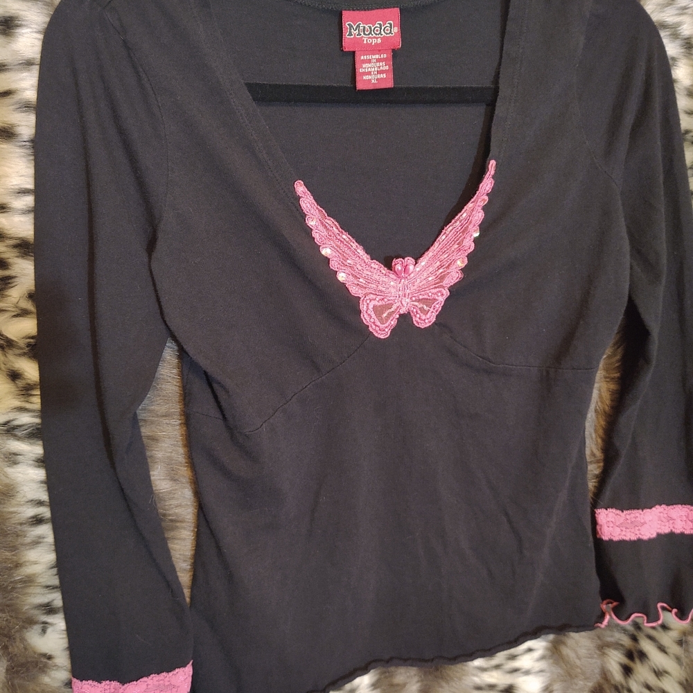 Mudd Black Longsleeve Butterfly Flirt cotton top